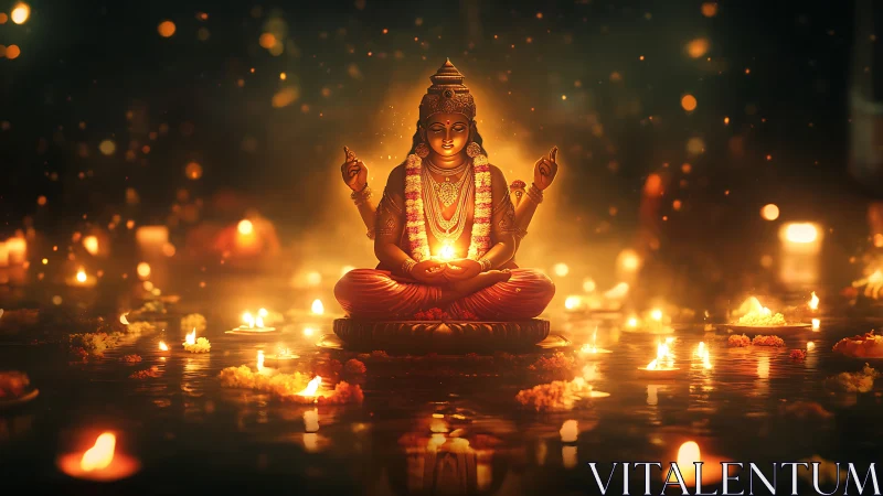 Goddess statue glows amid floating festival oil lamps.