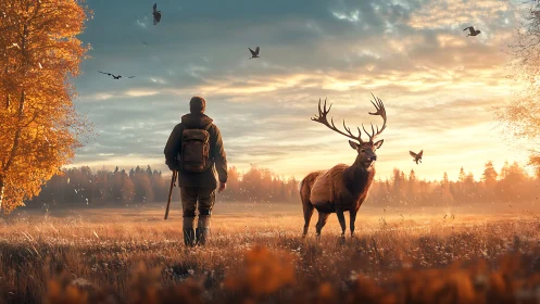 Human observer and stag stand in autumn field at sunrise