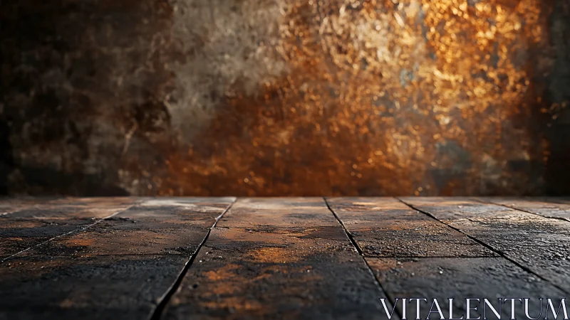 Rustic metallic floor texture against warm corroded wall.