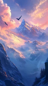 Soaring ravens above sunlit alpine peak at twilight.