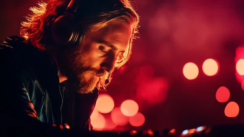 DJ lost in music under dramatic red stage lights.