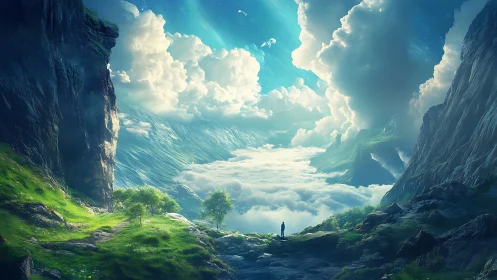 Atmospheric valley portal with cloud ocean and luminous zenith.