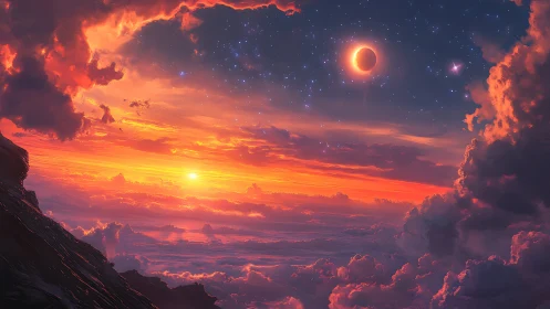 Binary sunset and eclipse above stratified nebula clouds