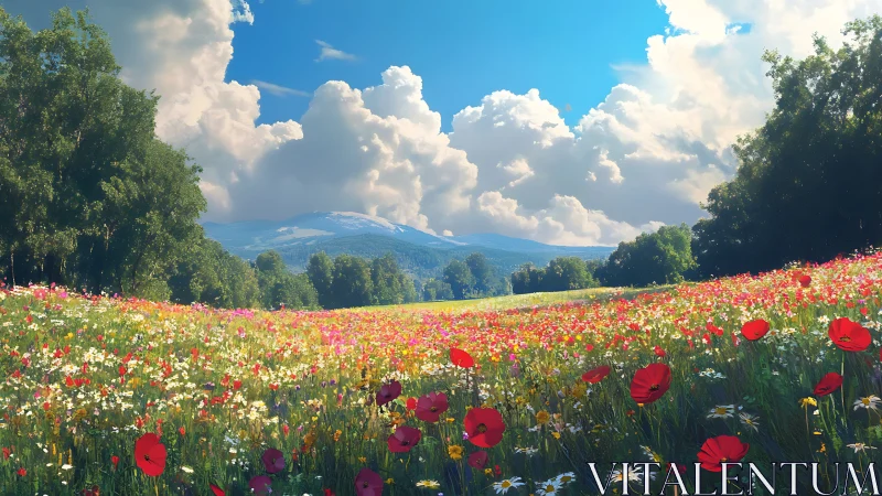 Wildflower meadow under cumulus clouds and distant mountains