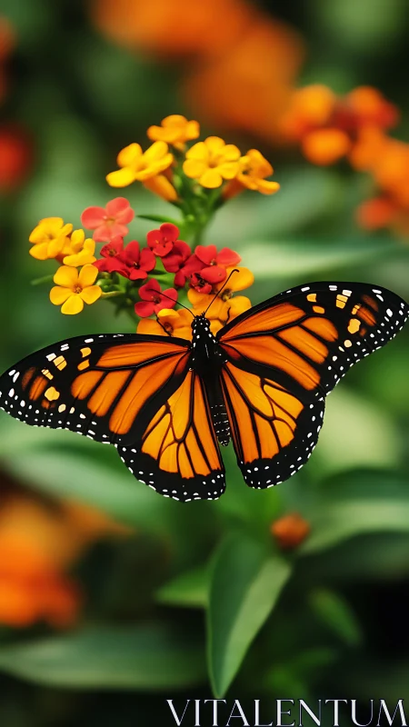 Monarch butterfly rests on small red and yellow flowers