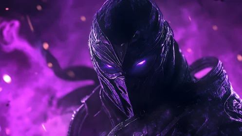 Armored void wraith glows within intense violet nebula field