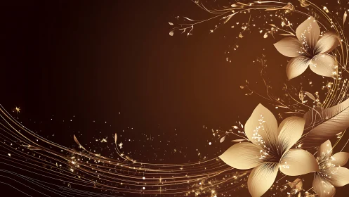 Golden Floral Composition with Luminous Particle Effects and Flowing Curved Geometry