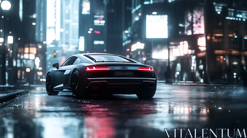 Midnight supercar hums through rain-glossed neon corridors