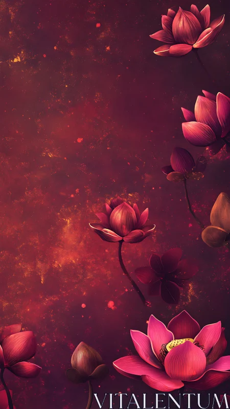 Rendered lotus flowers against textured dark red background