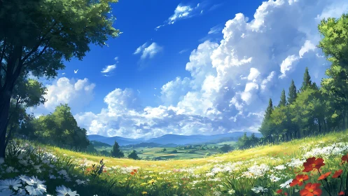 Sunlit wildflower meadow opens onto distant blue hills.