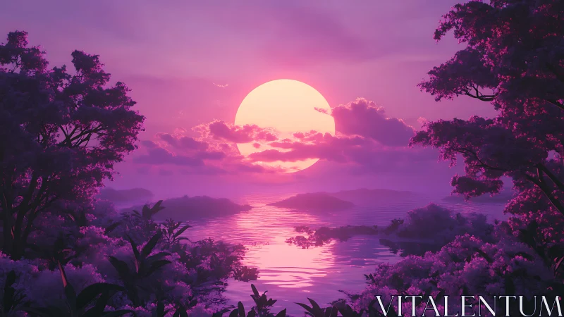 Spectral magenta sunset over reflective lacustrine horizon.