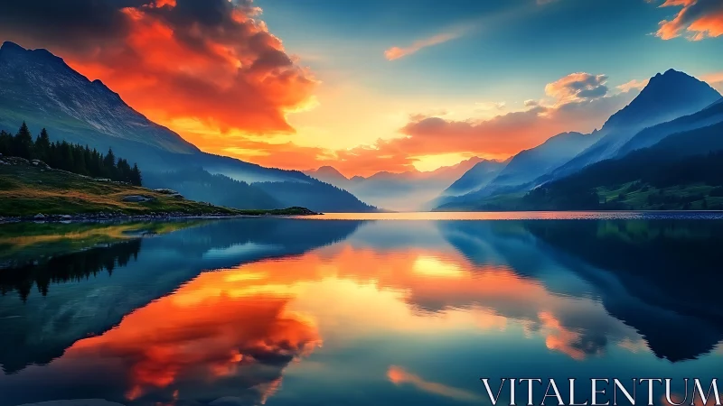 Mountain lake sunset with vivid sky reflection on water.