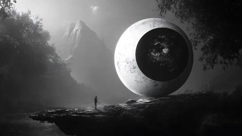 Solitary figure with large spherical eye in misty valley.