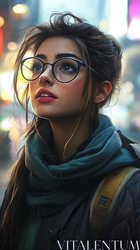 Young woman with glasses in city lights at night portrait.