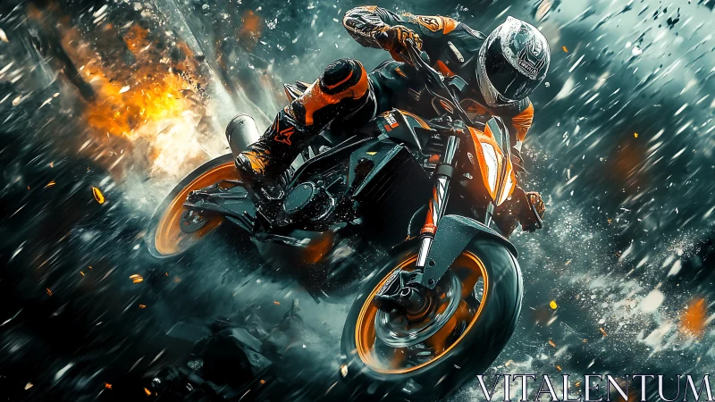 Motorcyclist powers through explosive wet track in neon teal storm.