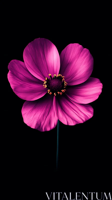 Magenta cosmos flower with intricate stamen detail against black background.
