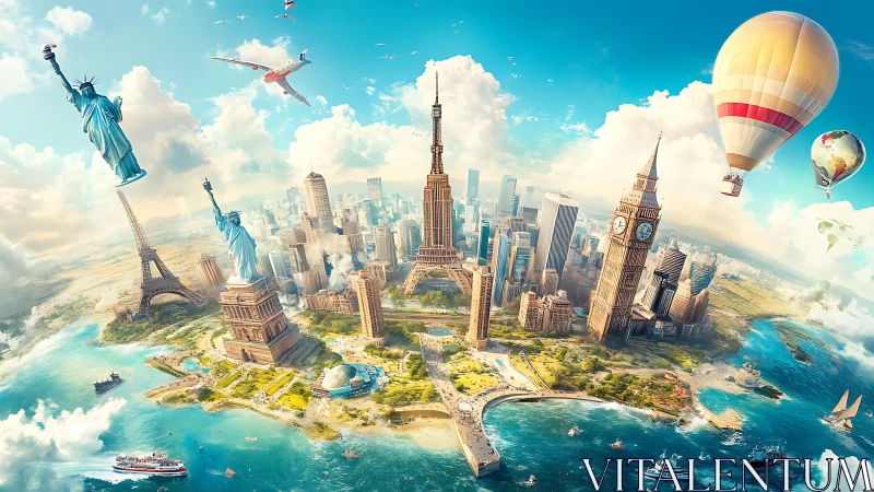 Global landmark island cityscape with aerial travel elements