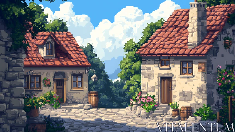 Pixel village square with stone houses and tiled roofs.