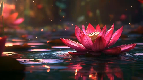 Volumetric-lit pink lotus rendered with high-gloss subsurface bloom