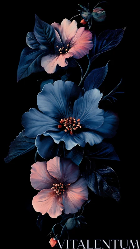 Midnight Blooms: Where Deep Blue Meets Coral Dreams.