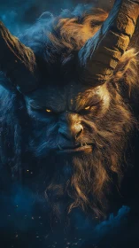 Horned demonic beast portrait in fiery blue haze.