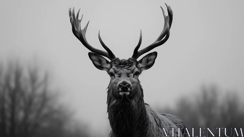Stag with large antlers in foggy monochrome landscape.