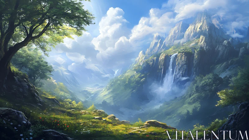 Luminous fantasy valley with cascading mountain waterfalls.