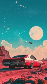 Retro muscle car under surreal moonlit desert sky