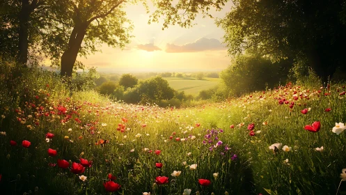 Sunlit wildflower meadow descends toward distant rural valley