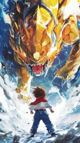 Brave kid stands tall before roaring golden dragon ally.