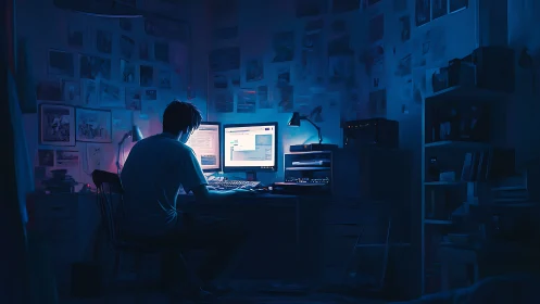 Solitary programmer at dual monitors in dim blue-lit bedroom workspace