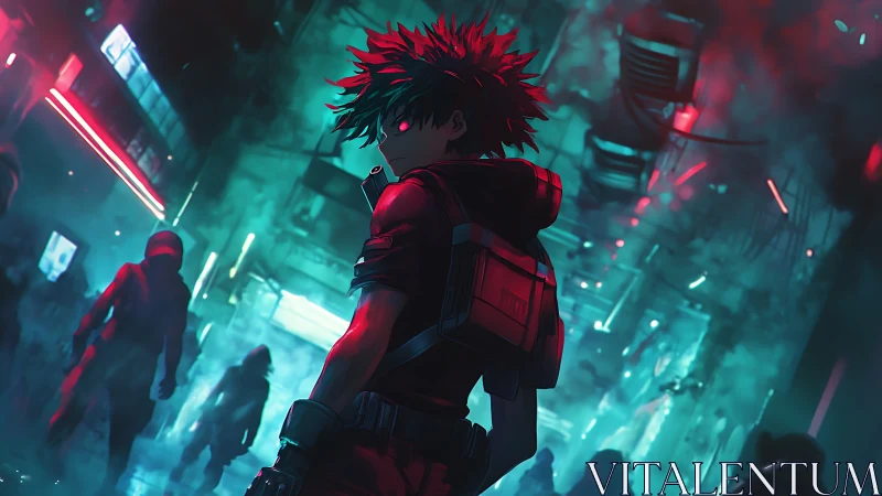 Hooded anime figure in neon lit urban alley at night.