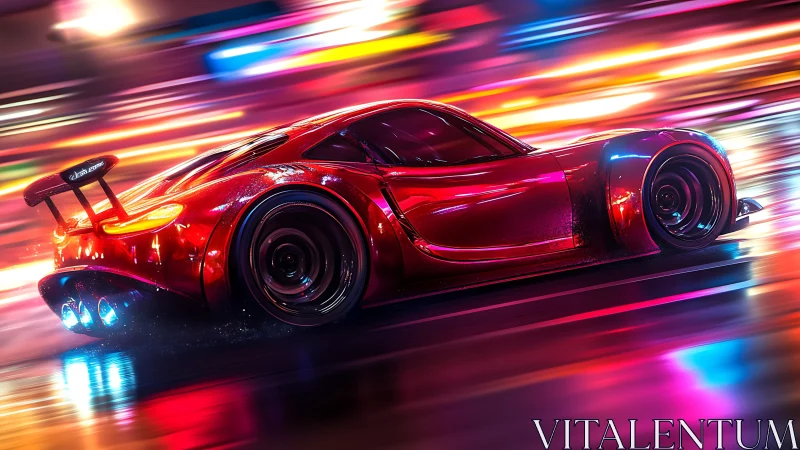 Neon city racetrack with a blazing red futuristic car.