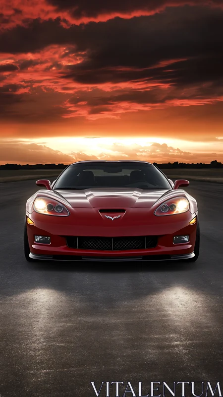Red sports car stands under dramatic sunset sky on highway