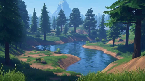 Serene Forest Valley: Where Mountains Meet Flowing Water.