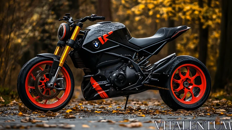Autumn forest roars around sleek black BMW street beast.