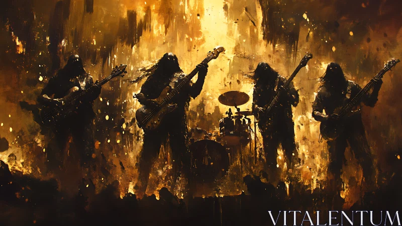 Inferno stage storm with shadowed rock band silhouettes ablaze.