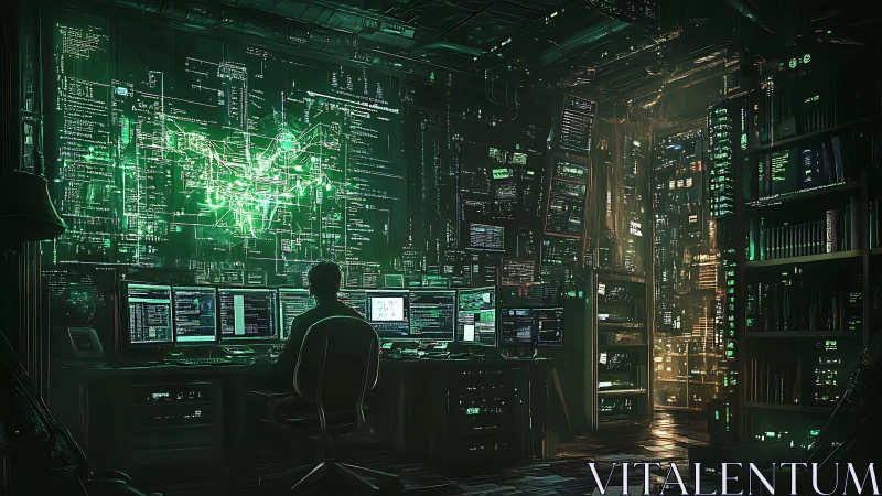 Lone hacker monitors data streams in neon cyber control room.