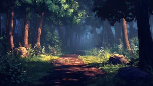 Digital rendering of forest pathway with directional lighting.