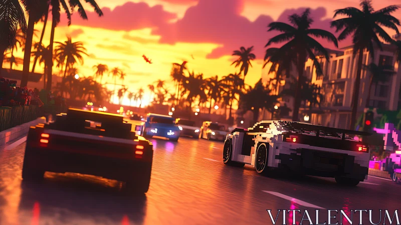 Voxel supercars chase sunset across neon-slick palm boulevard