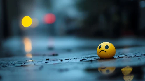 Sad yellow emoji ball on wet city street at night.