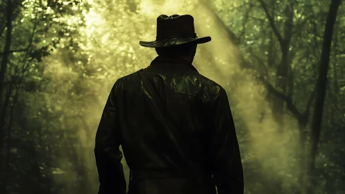 Solitary explorer stands in misty sunlit jungle clearing