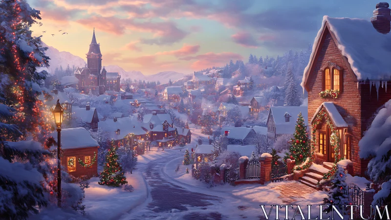 Snow-laden village street displays layered Christmas lighting design