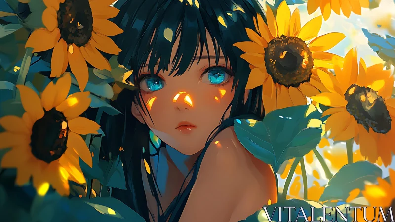 Sunlit sunflower guardian with ocean-bright dreamer eyes.