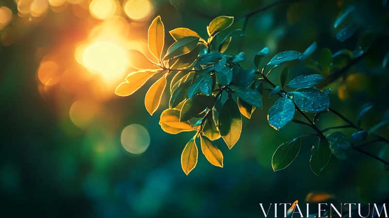 Sunlit Green Leaves with Dew Drops in Soft Bokeh Photography.