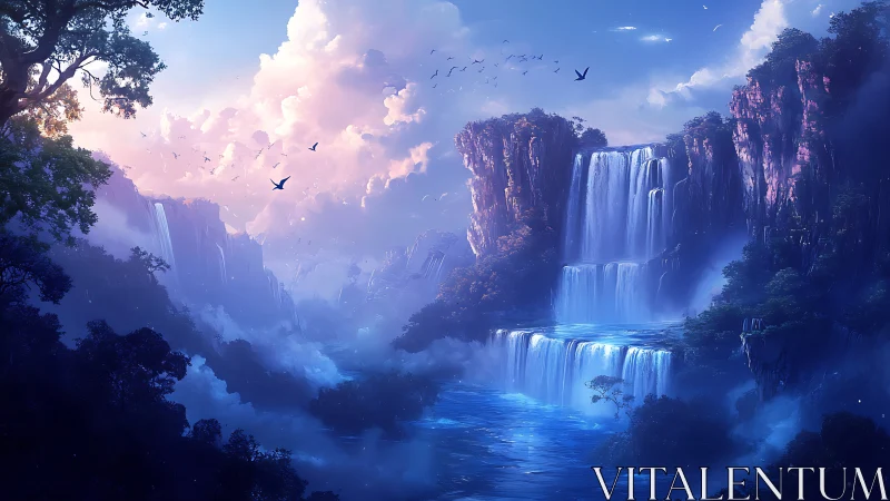 Layered waterfalls in a blue-toned mountainous valley.