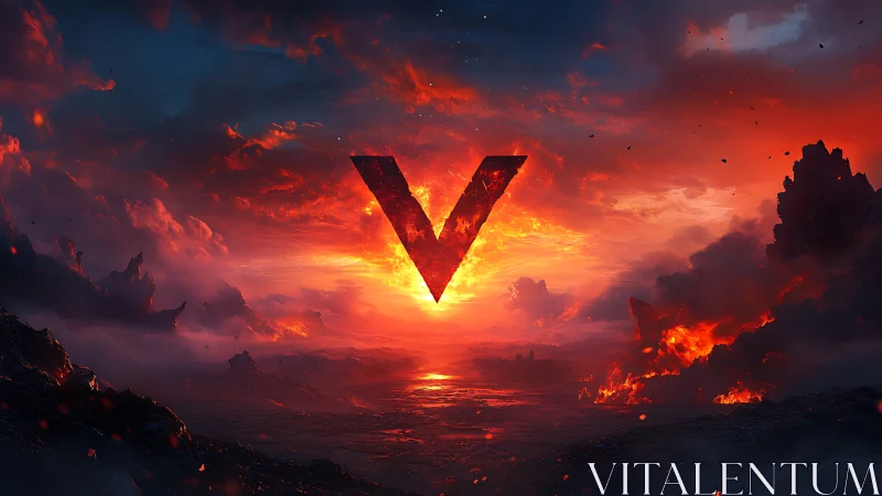 Volcanic horizon crowned by a glowing crimson V.