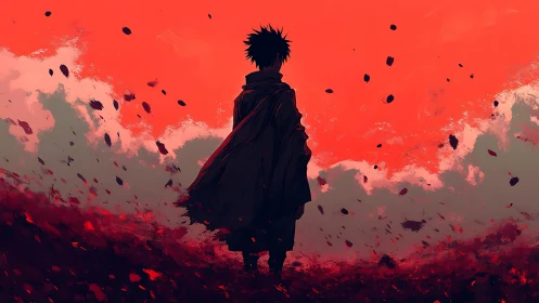 Lone cloaked wanderer in a storm of burning crimson sky.