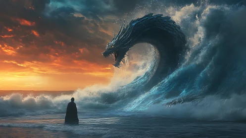 Lone wanderer greeting a mighty sea serpent at sunset.