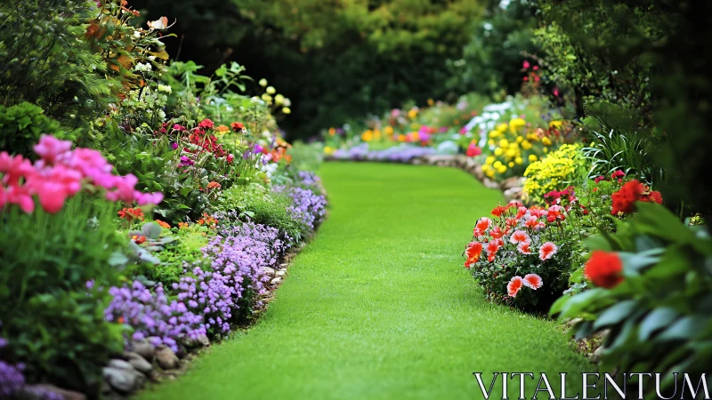 Colorful flower borders framing a neatly mown lawn path.